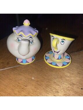 Vintage Disney Beauty and the Beast Mrs Potts and Chip Ceramic Figurine Set